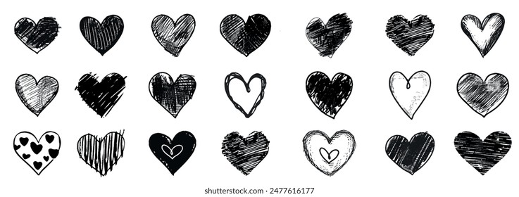 Doodle heart icon set, sketch love vector hand drawn shapes, Valentine day scribble romantic sign. Vintage grunge texture squiggle minimal collection, nubes print kit. Doodle heart holiday symbol 