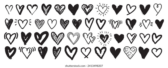 Doodle heart icon set, vector sketch love hand drawn shapes, Valentine day scribble romantic sign. Vintage grunge texture squiggle minimal collection, nubes print kit. Doodle heart holiday symbol