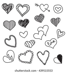 Doodle Heart Icons Set, Hand Drawn Vector Illustrations.