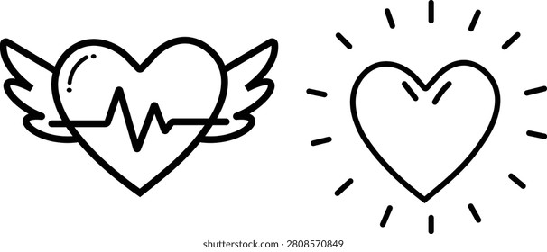 Doodle heart impression icon set in hand drawn outline style vector collection featuring heartbeat line, love, cardiology and emotional reaction symbols isolated on transparent background