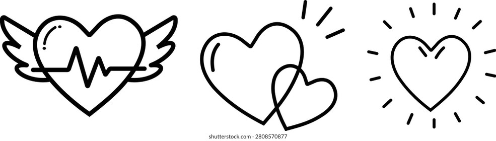 Doodle heart impression icon set in hand drawn outline style vector collection featuring heartbeat line, love, cardiology and emotional reaction symbols isolated on transparent background