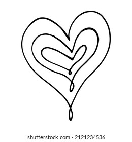 Doodle heart. Heart inside heart hand drawn with black liner. Heart on a white background. For Valentine's Day, icon, postcard, sticker. Holiday card 