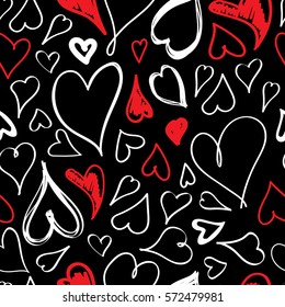 Doodle heart isolated on black seamless pattern. Abstract love hand drawn background. Vector illustration