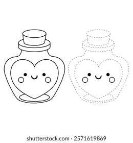 Doodle Heart in a Jar, Bottle of Love, Sending Love Valentine Day clipart vector. Cute clipart for Valentine card printable. Coloring page, Trace and color for Valentine Day theme.