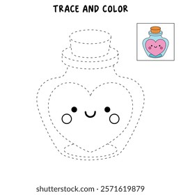 Doodle Heart in a Jar, Bottle of Love, Sending Love Valentine Day clipart vector. Cute clipart for Valentine card printable. Coloring page, Trace and color for Valentine Day theme.