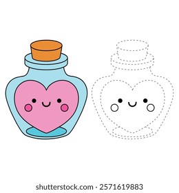 Doodle Heart in a Jar, Bottle of Love, Sending Love Valentine Day clipart vector. Cute clipart for Valentine card printable. Coloring page, Trace and color for Valentine Day theme.