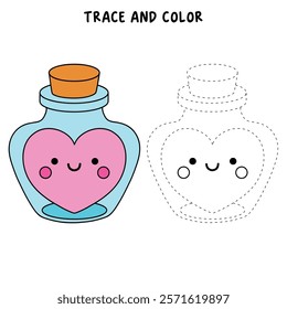 Doodle Heart in a Jar, Bottle of Love, Sending Love Valentine Day clipart vector. Cute clipart for Valentine card printable. Coloring page, Trace and color for Valentine Day theme.