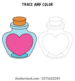 Doodle Heart in a Jar, Bottle of Love, Sending Love Valentine day clipart vector. Cute clipart for Valentine card printable. Coloring page, Trace and color for Valentine Day theme.