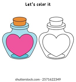 Doodle Heart in a Jar, Bottle of Love, Sending Love Valentine day clipart vector. Cute clipart for Valentine card printable. Coloring page, Trace and color for Valentine Day theme.