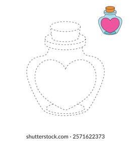 Doodle Heart in a Jar, Bottle of Love, Sending Love Valentine day clipart vector. Cute clipart for Valentine card printable. Coloring page, Trace and color for Valentine Day theme.