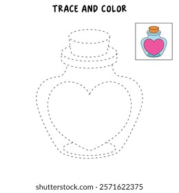 Doodle Heart in a Jar, Bottle of Love, Sending Love Valentine day clipart vector. Cute clipart for Valentine card printable. Coloring page, Trace and color for Valentine Day theme.