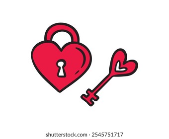 Doodle Heart Lock and Key Icon significa temas de romance, desenhado à mão Dia dos Namorados conceito de amor. Ilustração vetorial