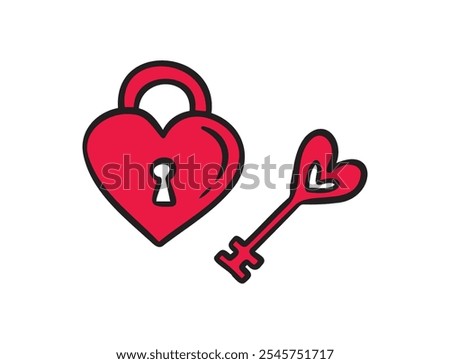 Doodle Heart Lock and Key Icon signifies themes of romance, hand drawn Valentine's day love concept. Vector illustration