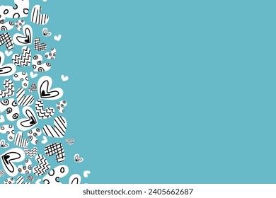 Doodle heart pattern background frame border. Black and white heart hand draw doodle on blue background vector illustration .