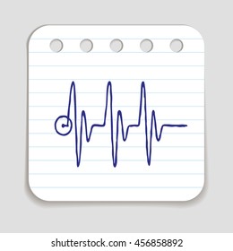 Doodle HEART RATE icon. Blue pen hand drawn infographic symbol on a notepaper piece. Line art style graphic design element. Web button with shadow. Cardiogram, heart beat concept.