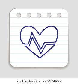 Doodle HEART RATE icon. Blue pen hand drawn infographic symbol on a notepaper piece. Line art style graphic design element. Web button with shadow. Cardiogram, heart beat concept.