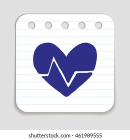 Doodle heart rate icon. Blue pen hand drawn infographic symbol on a notepaper piece. Line art style graphic design element. Web button with shadow. Cardiogram, heart beat concept.