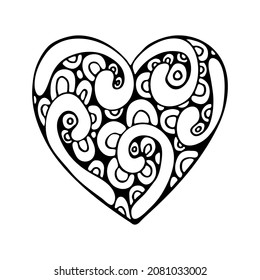 Doodle heart. Romantic objects decorated with ornaments. Cute love symbol. Hand drawn thin line art vector illustration. Isolated simple element.