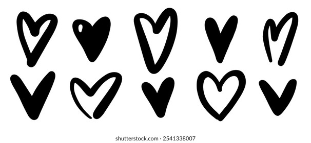 El corazón garabatea la colección. Colección de Elementos de diseño de Vector de amor de pincel áspero dibujado a mano aislado sobre fondo blanco.