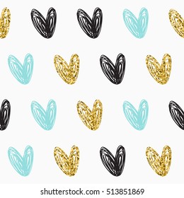 Doodle heart seamless background. Black, blue and gold heart. Abstract romantic seamless pattern for wedding card, valentines day invitation, poster, banner, diary, album, sketch book cover etc. 