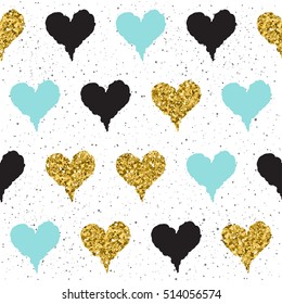Doodle heart seamless background. Black, blue and gold heart. Abstract romantic seamless pattern for wedding card, valentines day invitation, poster, banner, diary, album, sketch book cover etc. 