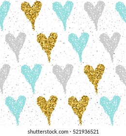 Doodle heart seamless background. Gold, blue and pink heart. Abstract romantic seamless pattern for wedding card, bridal invitation, valentines day poster, banner, album, textile fabric, garment etc. 