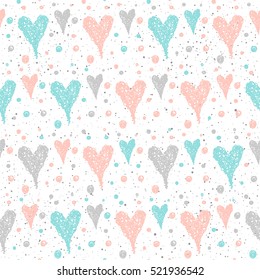 Doodle heart seamless background. Grey, blue and pink heart. Abstract romantic seamless pattern for wedding card, bridal invitation, valentines day poster, banner, album, textile fabric, garment etc. 