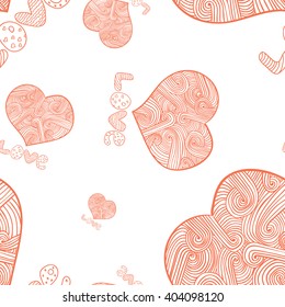 Doodle heart seamless texture, red outline heart vector image on white background.