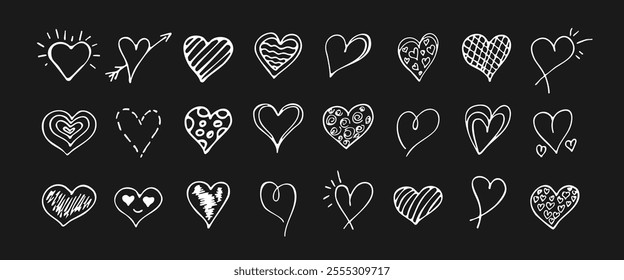 Doodle Heart Set. Collection Hand Drawn Icons. Scribble Markers Shape Isolated on Black Background. Vector illustration for Pattern, Poster, Valentines Day Card, Scrap booking, graphic design, web.