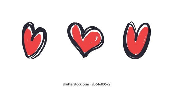 Doodle heart set. Hand drawn collection of hearts. Love symbol grungy sketches.