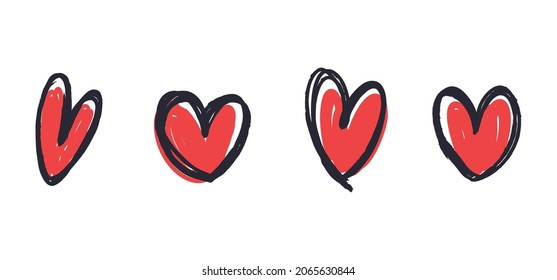 Doodle heart set. Hand drawn collection of hearts. Love symbol grungy sketches.