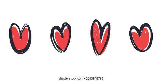 Doodle heart set. Hand drawn collection of hearts. Love symbol grungy sketches.