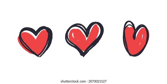 Doodle heart set. Hand drawn collection of hearts. Love symbol grungy sketches.