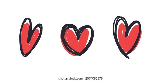 Doodle heart set. Hand drawn collection of hearts. Love symbol grungy sketches.