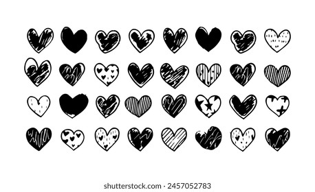 Doodle corazón conjunto Ilustración vectorial. Símbolo de arte icono de diseño de amor y elemento de decoración. Forma colección romance y San Valentín. Dibujo de garabatos de dibujos animados de concepto simple