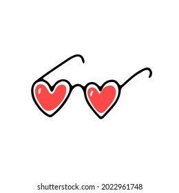 Doodle heart shape glasses. Hand-drawn cute accessory isolated on white background. Pink spectacles for Valentines Day, Summer, February 14, Wedding, Party. Feelings icon. Vector love illustration