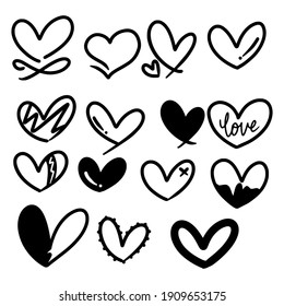 doodle heart shape vector illustration pack with black outline and various models