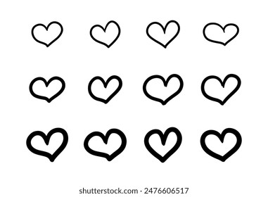 Doodle heart shape vector set in different sizes. Hand drawn love illustration for romantic or wedding design, invitation, poster.