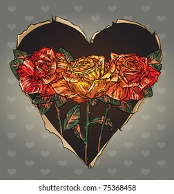 doodle Heart shaped torn paper with three red roses