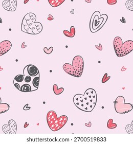 Doodle heart shapes vector repeating pattern. Love concept background. Holiday positive print. Hand drawn texture hearts ornament. Wedding wrapping paper. Lovely baby clothes design.