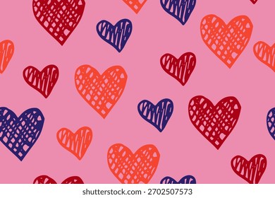Doodle Formas de corazón Vector patrón de repetición. Fondo de concepto de amor. Impresión positiva de Festiva. Adorno de corazones de textura de garabato. Papel de regalo de cumpleaños. Precioso diseño de dibujos animados.