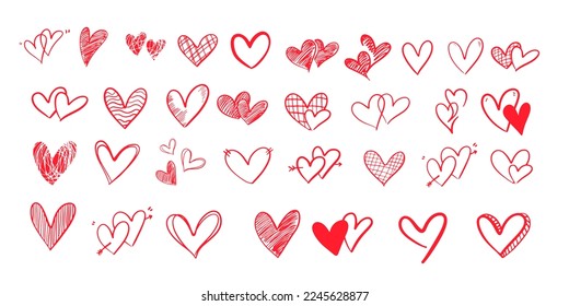 Doodle of heart for valentine's day. Sketch of red heart icon symbol graphic set. Hand drawn heart element vector