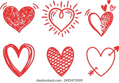 Doodle de corazón para el día de San Valentín. Esbozo del conjunto de gráficos de iconos de corazón rojo. Vector de elemento de corazón dibujado a mano, corazones queridos rojos para la invitación de la fecha, dibujo de San Valentín o regalo de coqueteo del amor.