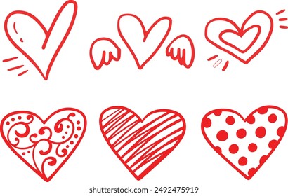 Doodle of heart for valentine's day. Sketch of red heart icon symbol graphic set. Hand drawn heart element vector, Red beloved hearts for date invitation, drawing valentines or sweetheart flirt gift.