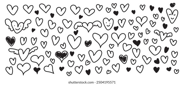 Doodle heart vector. Big set of hand drawn hearts shape isolated on white background