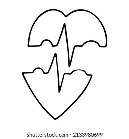 Doodle heart vector icon on medical topics, cardiogram, ambulance