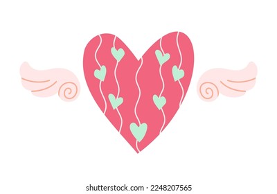 Doodle heart with wings in cartoon style. Valentines day. Vector illustration for design isolated on white background.