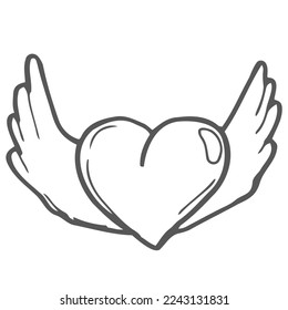 Doodle heart with wings vector hand drawn illustrations isolated on white background