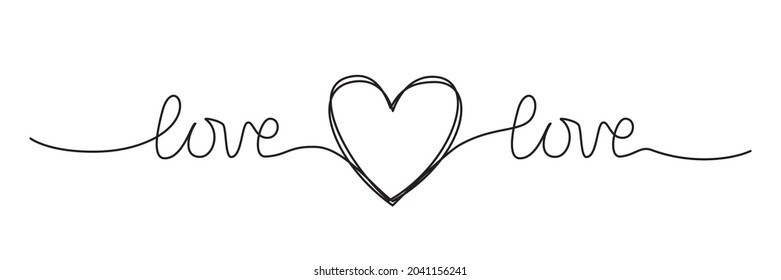 Doodle heart and word LOVE hand written with thin line, divider shape scribble style. Isolated on white background. Vector illustration