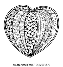 Doodle heart in zentangle style coloring page. Black and white love pattern for antistress coloring book. Valentine’s Day mandala. Vector illustration